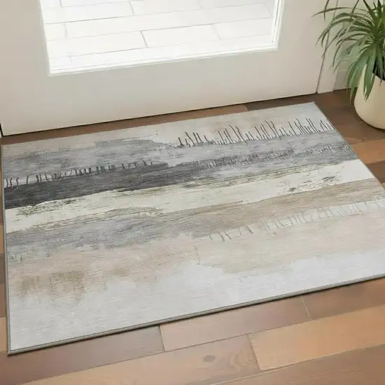 Ivory Gray And Beige Abstract Washable Area Rug With UV Protection Photo 2