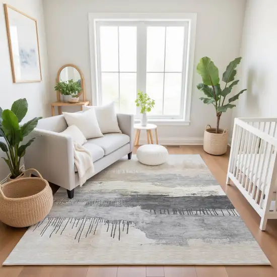 Ivory Gray And Beige Abstract Washable Area Rug With UV Protection Photo 6
