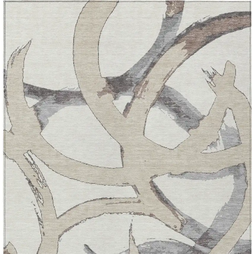 Ivory Gray And Beige Abstract Washable Indoor Outdoor Area Rug Photo 6
