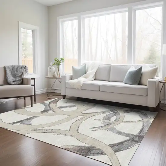 Ivory Gray And Beige Abstract Washable Indoor Outdoor Area Rug Photo 9