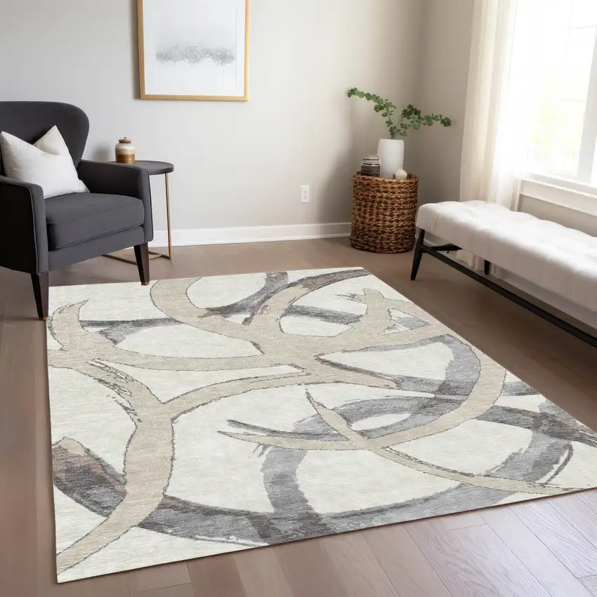 Ivory Gray And Beige Abstract Washable Indoor Outdoor Area Rug Photo 9