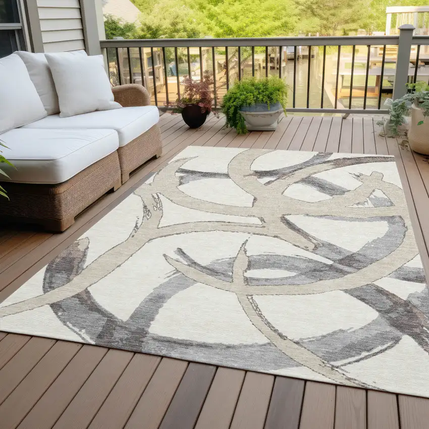 Ivory Gray And Beige Abstract Washable Indoor Outdoor Area Rug Photo 9