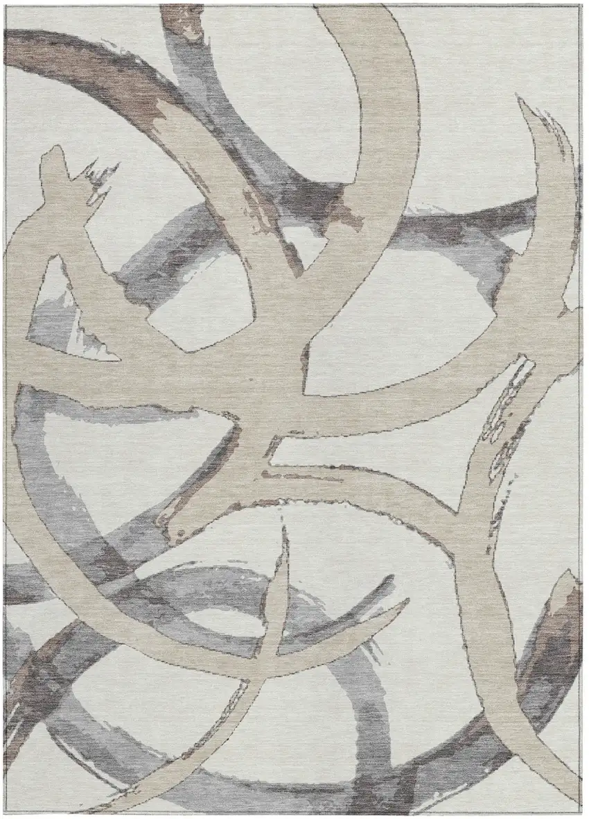 Ivory Gray And Beige Abstract Washable Indoor Outdoor Area Rug Photo 8