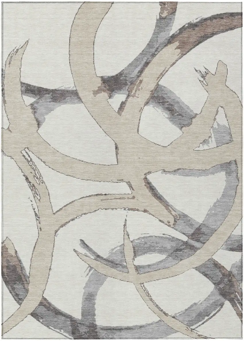 Ivory Gray And Beige Abstract Washable Indoor Outdoor Area Rug Photo 2