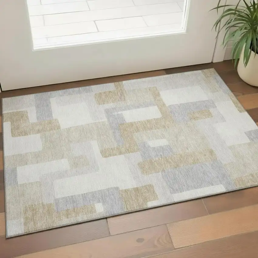 Ivory Gray And Beige Geometric Washable Area Rug With UV Protection Photo 2