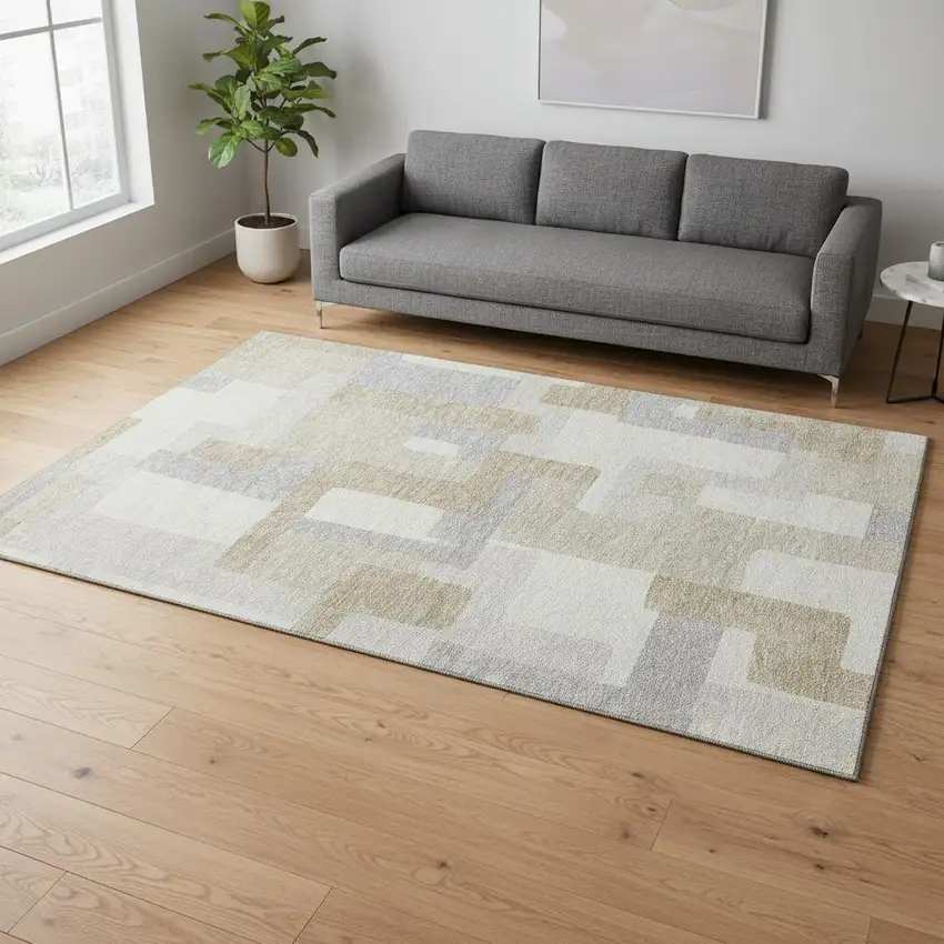 Ivory Gray And Beige Geometric Washable Area Rug With UV Protection Photo 2