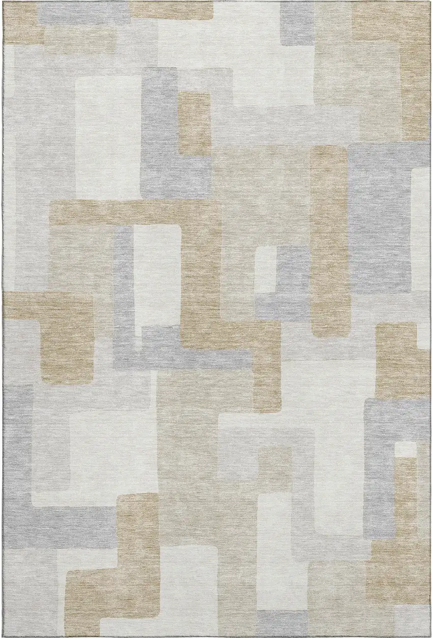 Ivory Gray And Beige Geometric Washable Area Rug With UV Protection Photo 1