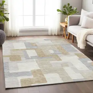 Photo of Ivory Gray And Beige Geometric Washable Area Rug With UV Protection