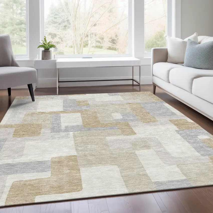 Ivory Gray And Beige Geometric Washable Area Rug With UV Protection Photo 5
