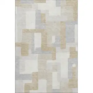 Photo of Ivory Gray And Beige Geometric Washable Area Rug With UV Protection