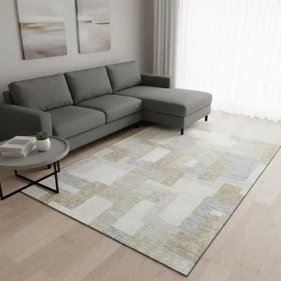 Ivory Gray And Beige Geometric Washable Area Rug With UV Protection Photo 2