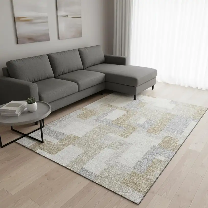Ivory Gray And Beige Geometric Washable Area Rug With UV Protection Photo 2