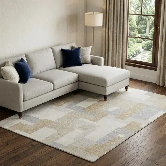 Ivory Gray And Beige Geometric Washable Area Rug With UV Protection Photo 1