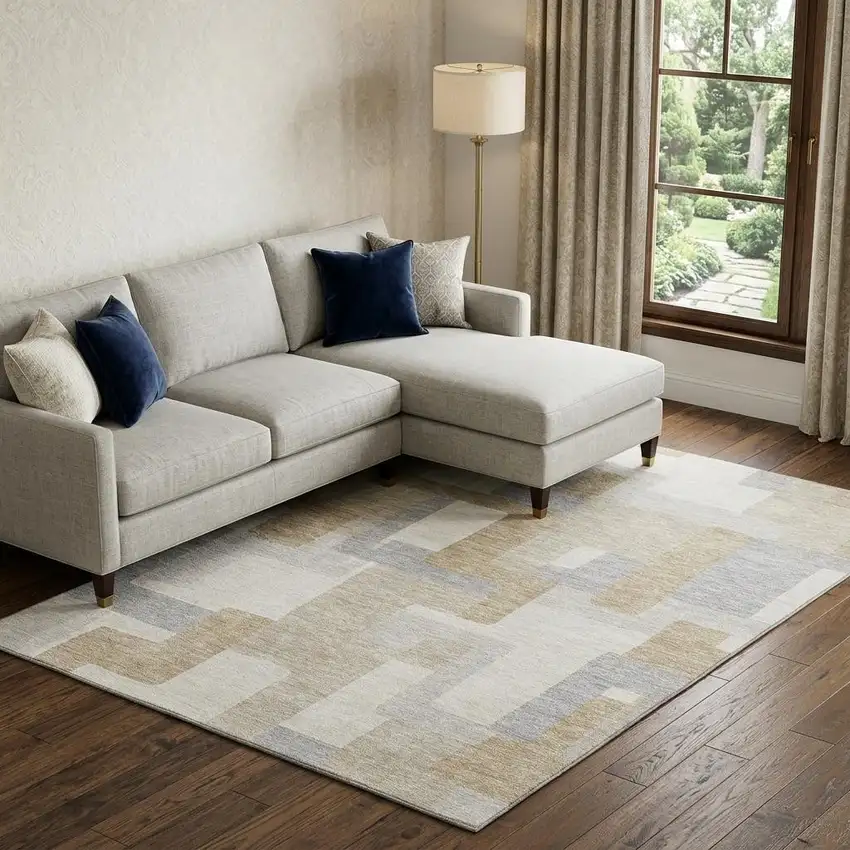 Ivory Gray And Beige Geometric Washable Area Rug With UV Protection Photo 1