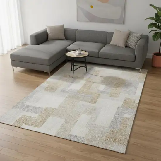 Ivory Gray And Beige Geometric Washable Area Rug With UV Protection Photo 2
