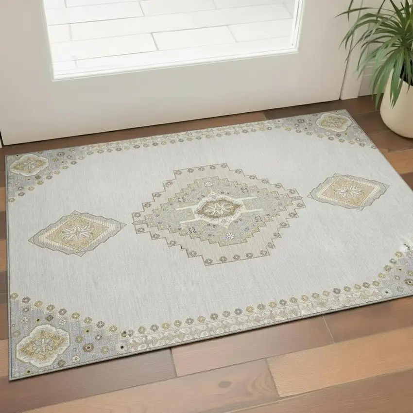 Ivory Gray And Beige Oriental Washable Area Rug With UV Protection Photo 2