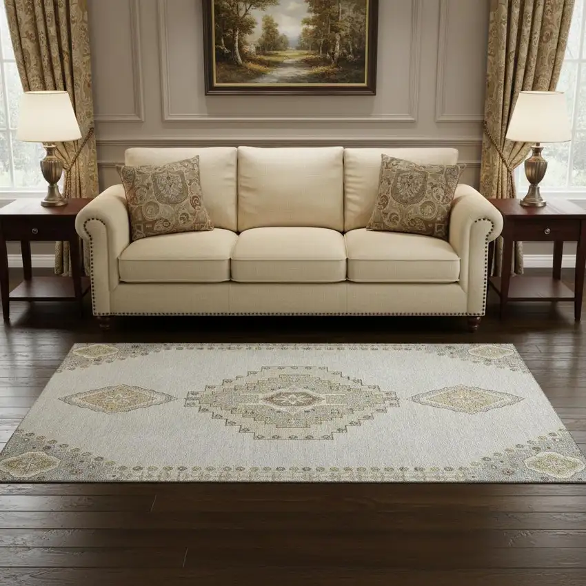 Ivory Gray And Beige Oriental Washable Area Rug With UV Protection Photo 2