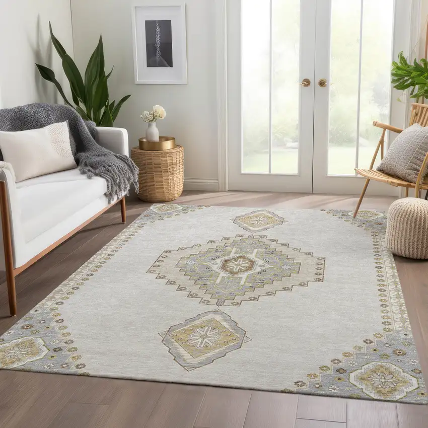 Ivory Gray And Beige Oriental Washable Area Rug With UV Protection Photo 5