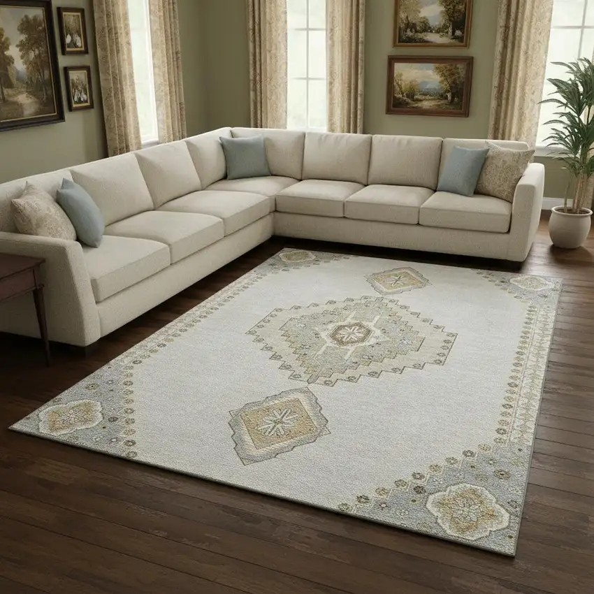 Ivory Gray And Beige Oriental Washable Area Rug With UV Protection Photo 2