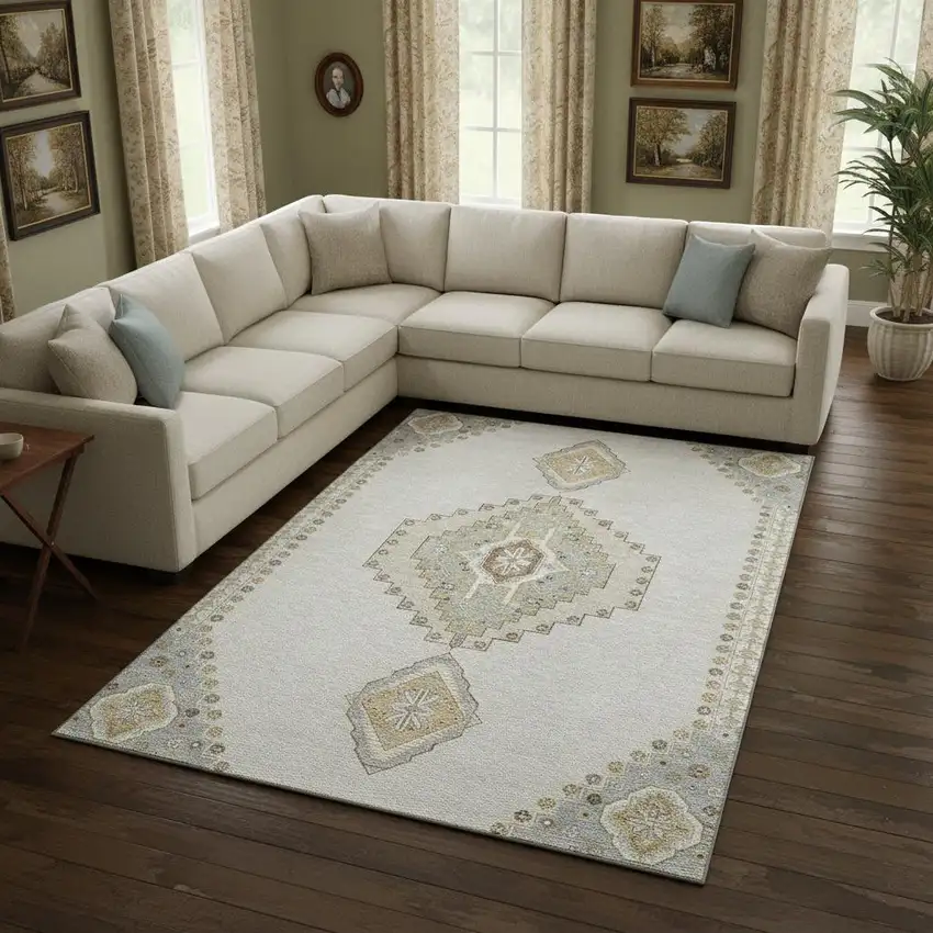 Ivory Gray And Beige Oriental Washable Area Rug With UV Protection Photo 2