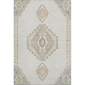 Photo of Ivory Gray And Beige Oriental Washable Area Rug With UV Protection