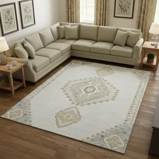 Ivory Gray And Beige Oriental Washable Area Rug With UV Protection Photo 2