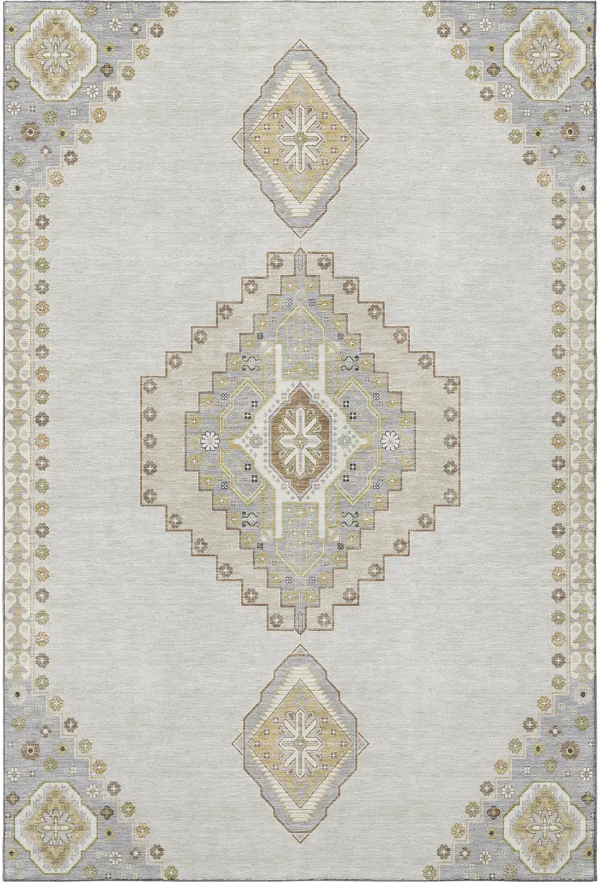 Ivory Gray And Beige Oriental Washable Area Rug With UV Protection Photo 3