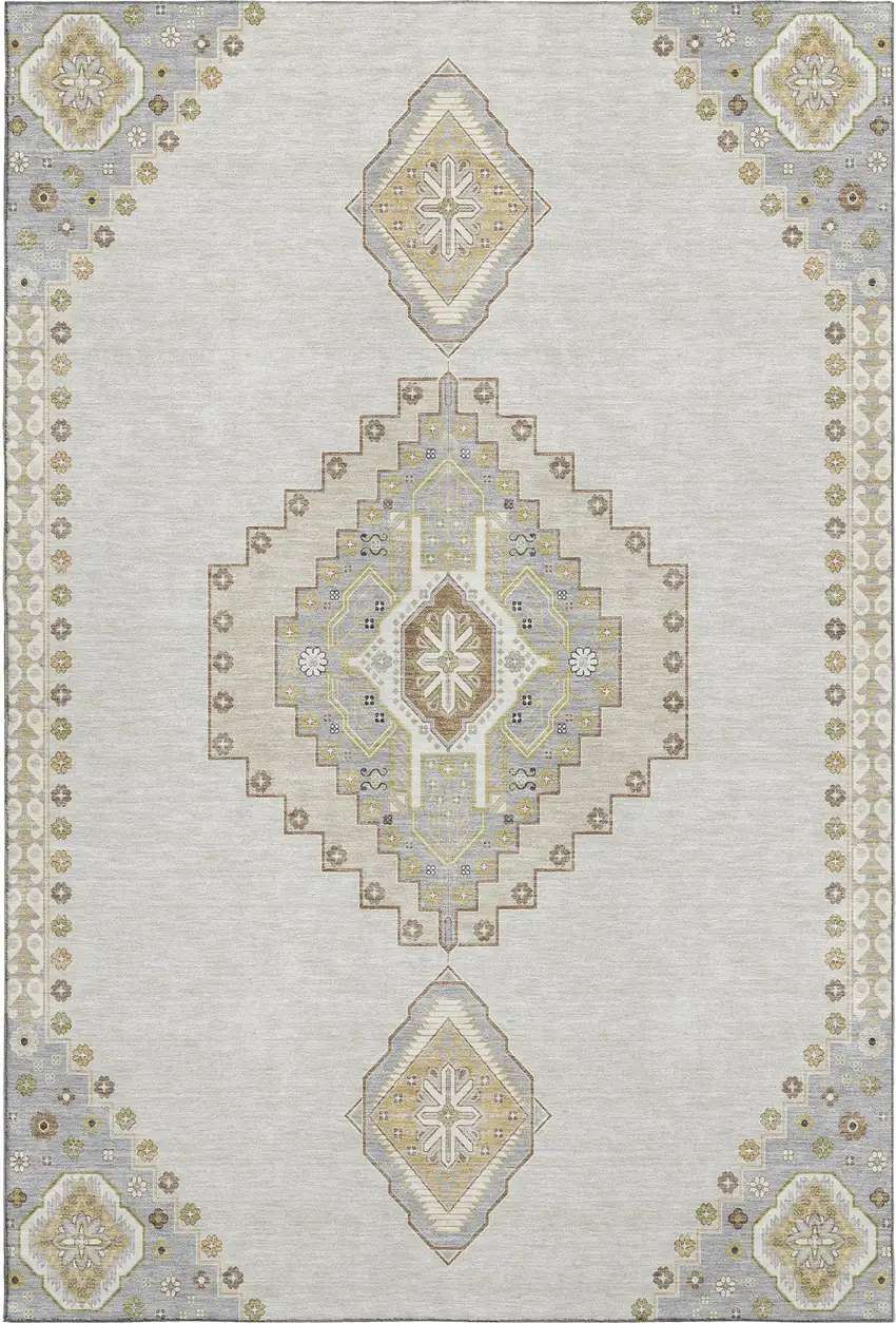 Ivory Gray And Beige Oriental Washable Area Rug With UV Protection Photo 1