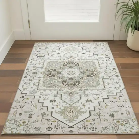 Ivory Gray And Beige Oriental Washable Area Rug With UV Protection Photo 2
