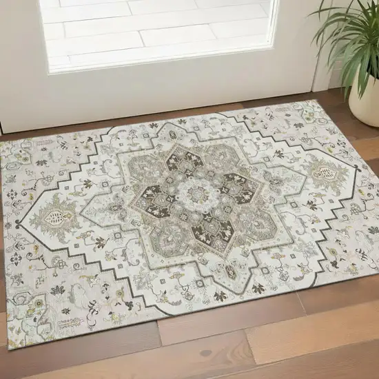 Ivory Gray And Beige Oriental Washable Area Rug With UV Protection Photo 1