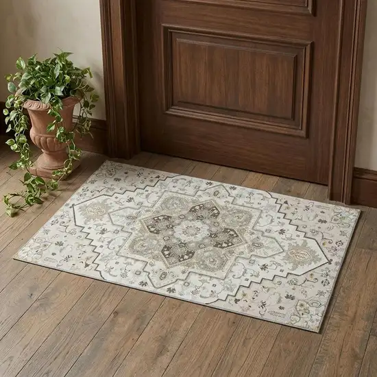 Ivory Gray And Beige Oriental Washable Area Rug With UV Protection Photo 1