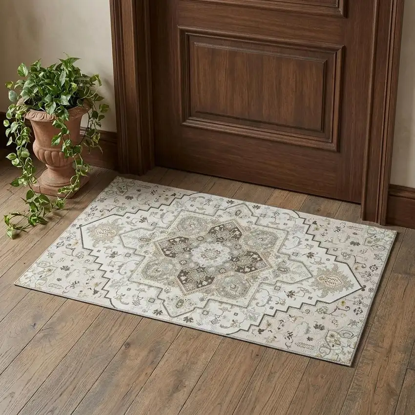 Ivory Gray And Beige Oriental Washable Area Rug With UV Protection Photo 1