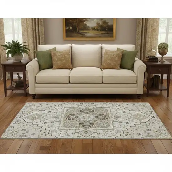 Ivory Gray And Beige Oriental Washable Area Rug With UV Protection Photo 2