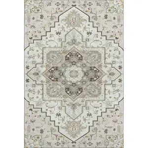 Photo of Ivory Gray And Beige Oriental Washable Area Rug With UV Protection