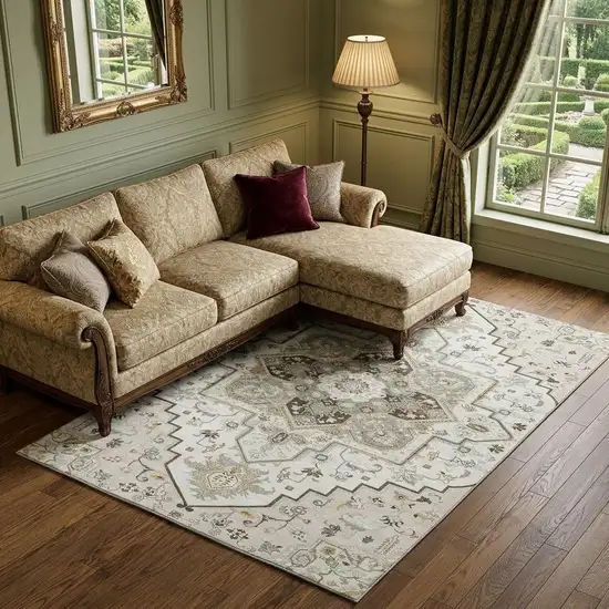 Ivory Gray And Beige Oriental Washable Area Rug With UV Protection Photo 1