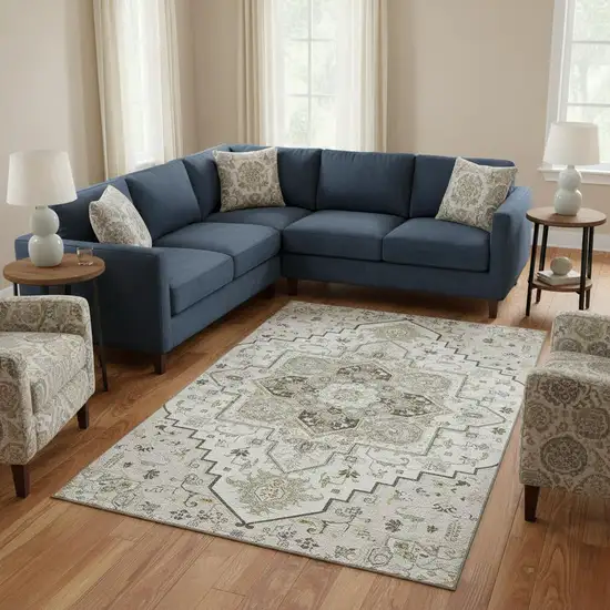 Ivory Gray And Beige Oriental Washable Area Rug With UV Protection Photo 2