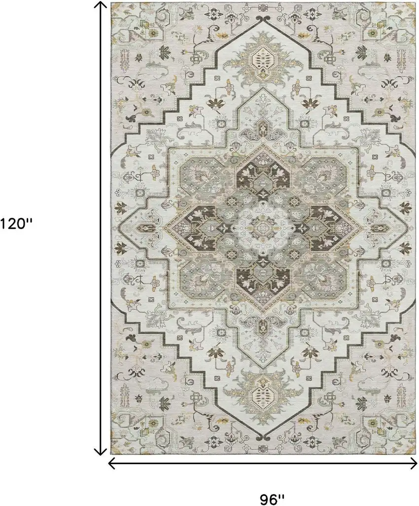 Ivory Gray And Beige Oriental Washable Area Rug With UV Protection Photo 8