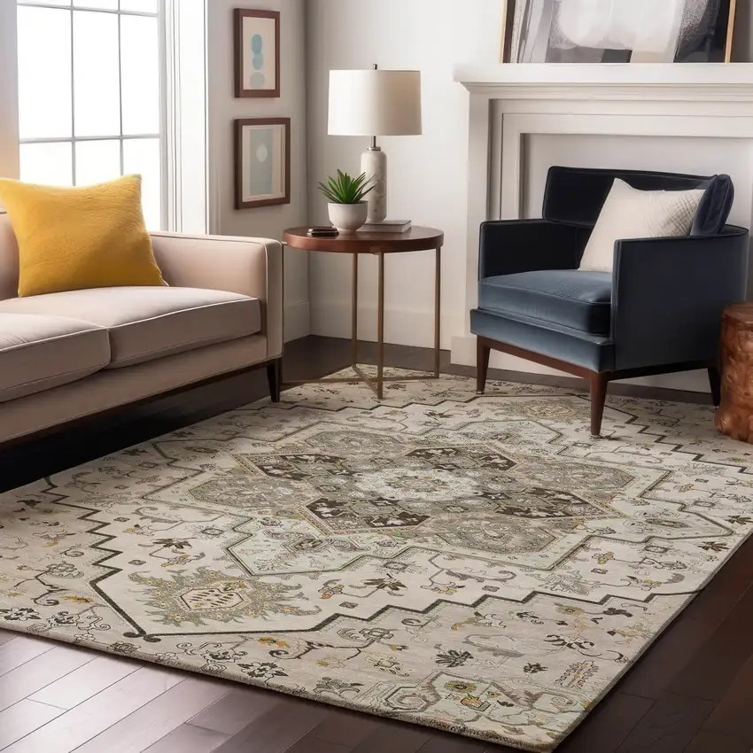 Ivory Gray And Beige Oriental Washable Area Rug With UV Protection Photo 4