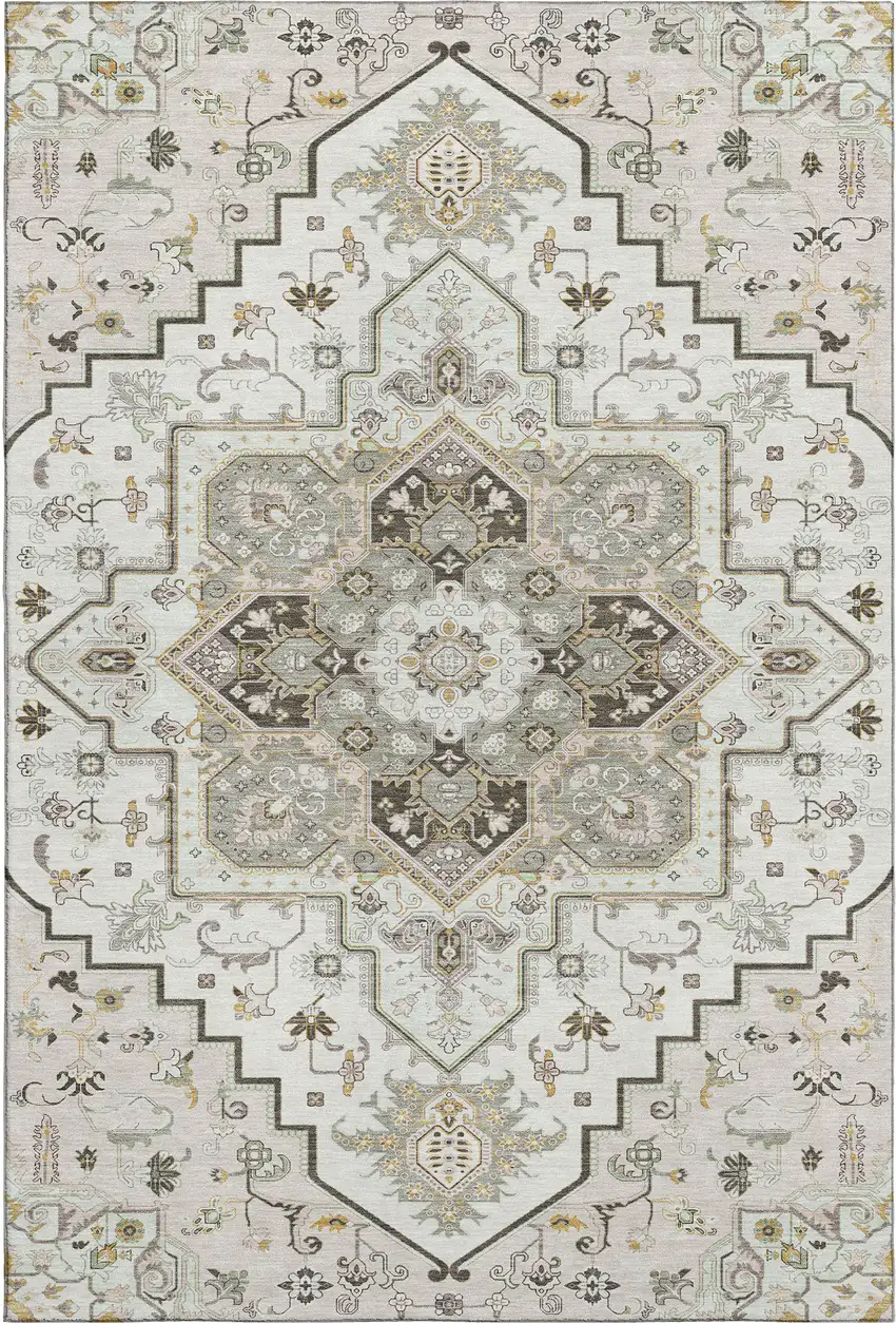 Ivory Gray And Beige Oriental Washable Area Rug With UV Protection Photo 1