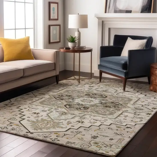 Ivory Gray And Beige Oriental Washable Area Rug With UV Protection Photo 4