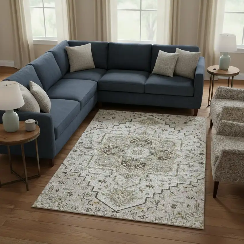 Ivory Gray And Beige Oriental Washable Area Rug With UV Protection Photo 1