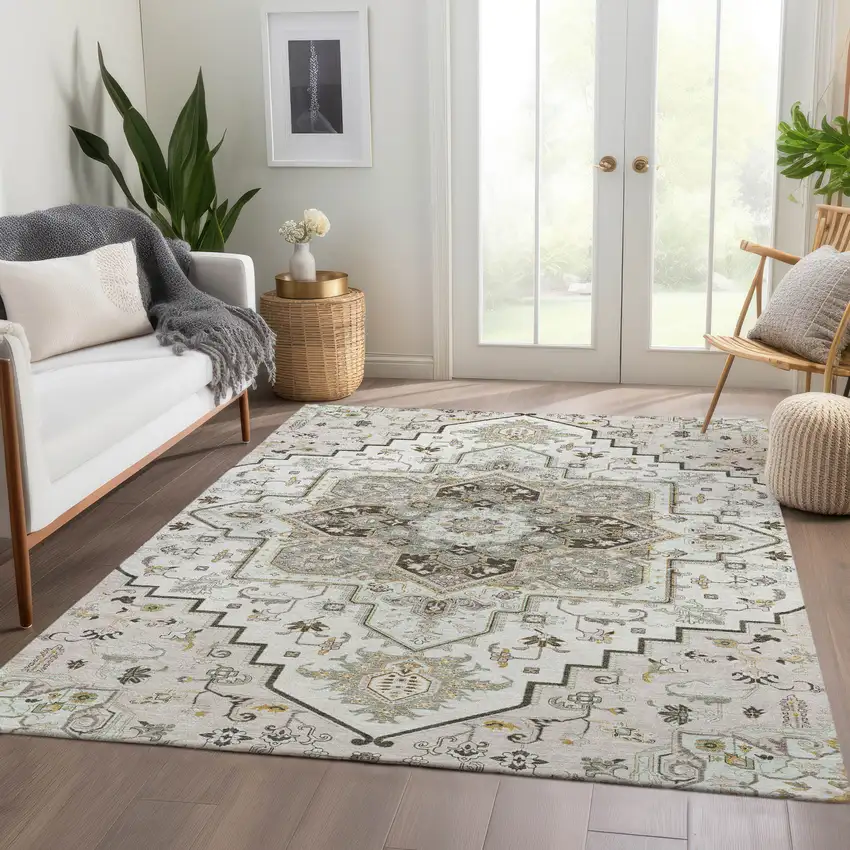 Ivory Gray And Beige Oriental Washable Area Rug With UV Protection Photo 5