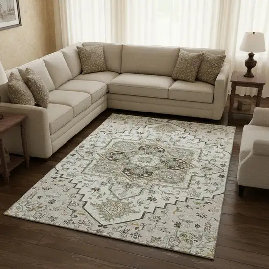 Ivory Gray And Beige Oriental Washable Area Rug With UV Protection Photo 2