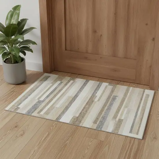 Ivory Gray And Beige Striped Washable Area Rug With UV Protection Photo 1