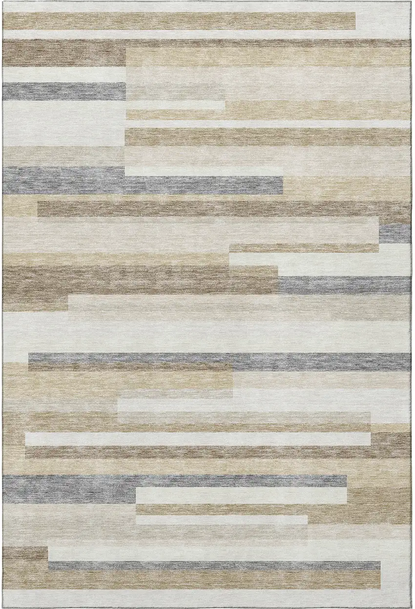 Ivory Gray And Beige Striped Washable Area Rug With UV Protection Photo 3