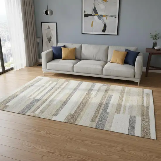 Ivory Gray And Beige Striped Washable Area Rug With UV Protection Photo 2