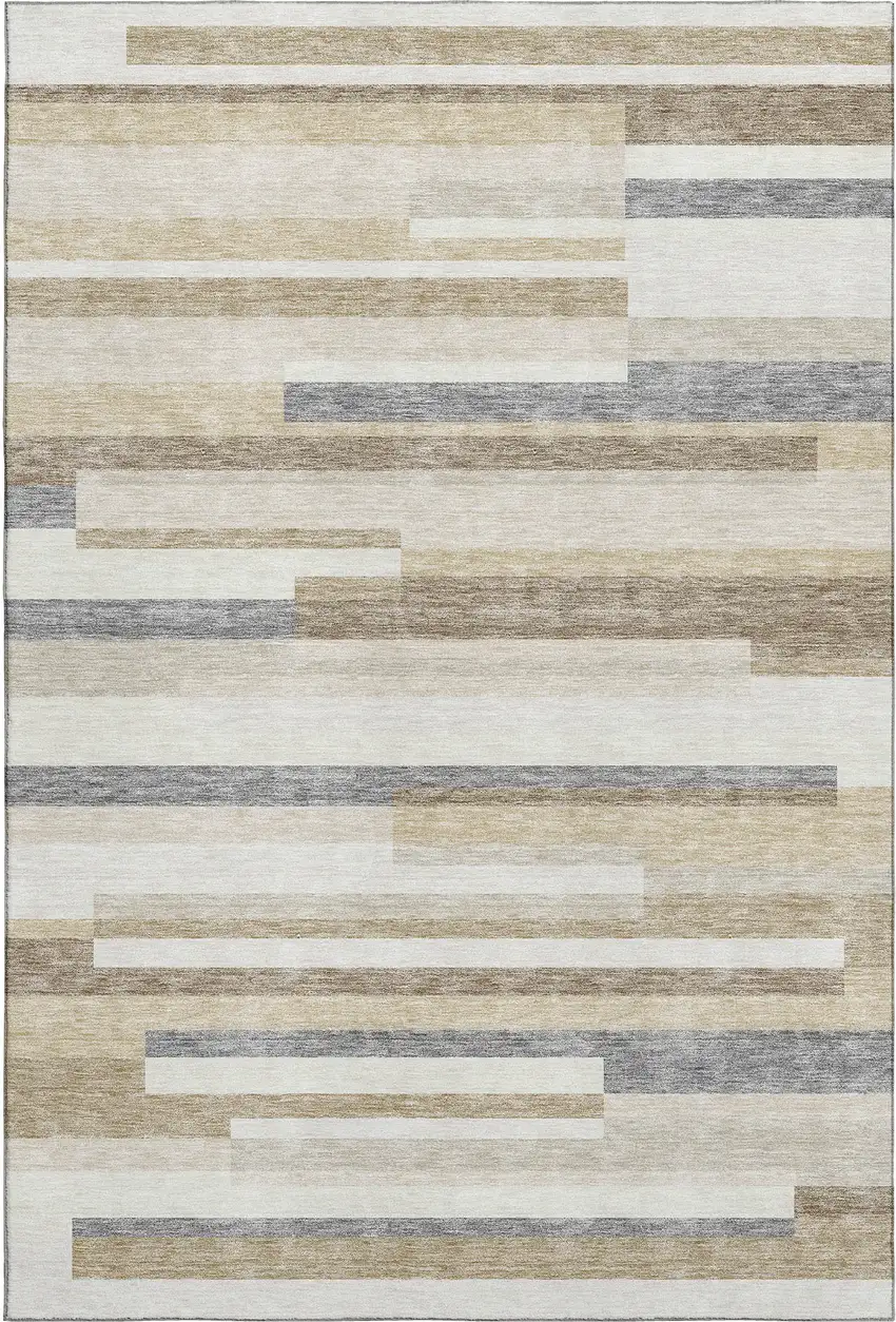 Ivory Gray And Beige Striped Washable Area Rug With UV Protection Photo 1