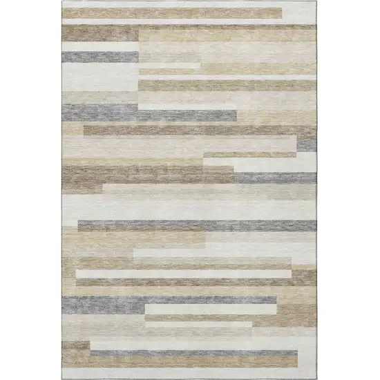 Ivory Gray And Beige Striped Washable Area Rug With UV Protection Photo 3
