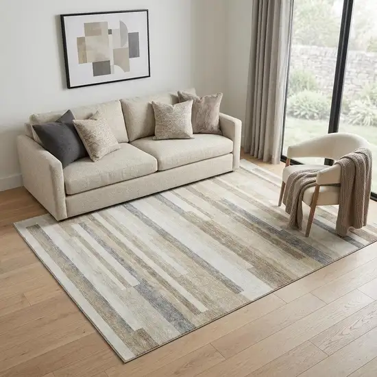 Ivory Gray And Beige Striped Washable Area Rug With UV Protection Photo 1