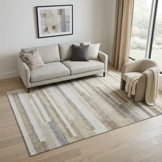 Ivory Gray And Beige Striped Washable Area Rug With UV Protection Photo 1